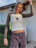 Fashionkova party look inspos Vintage Star Brown Crop Tops Women Hippie Korean Fashion Patchwork Slim Top Harajuku Long Sleeve T-shirts Female