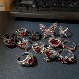 Fashionkova Goth Punk Retro Red Crystal Love Heart Cross Geometry Irregular Open Ring Set Y2K Halloween Accessories For Women Kpop Jewelry
