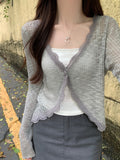 Fashionkova Lace Trim One Button Long Sleeve Crop Top Women Short Sleeve Open Front Ribbed Knit Cardigan Sweater Summer Fairycore Outfit Spring Style 2025