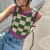 Fashionkova Checkerboard Knit Tank Top for Women Contrast Color Crew Neck Sleeveless Crop Sweater Vest Teengirl 90s Y2K Spring Summer Outfit Spring Style 2025