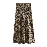 Fashionkova Leopard Print Skirt Women Vintage Midi Satin Skirt Woman Fashion High Waist Elegant Long Skirts For Women Summer Skirt Valentine's Day Aesthetic