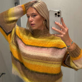 Fashionkova Party Outfit Loose Striped Mohair Sweater Jumper Women Long Sleeve O-neck Warm Pullover Top 2024 Autumn New Lady Colorful All-mach Knitwear