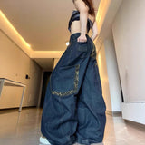 Fashionkova Retro High Street Loose Fit Deep Blue Wide Leg Jeans for Women with Slimming Flare Design Perfect for Autumn Winter Casual Style