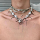 Fashionkova Y2K Jewelry Multi-Layered Pearl Spider Crystal Pendant Necklace Women Korean Fashion Charm Necklace Punk Choker Goth Accessories