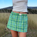 Fashionkova Women Y2k Plaid Mini Skirt Cute Gingham Striped Elastic Low Rise A Line Bubble Short Skirt Retro Coquette Streetwear Fairycore Outfit Idea