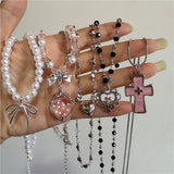 Fashionkova Cute Bowknot Pink Strawberry Heart Cross Pendant Choker Necklace Egirl Goth Vintage 2000s Y2K EMO Rave Jewelry Scene Accessories
