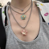 Fashionkova Korean Fashion Cute Jelly Shell Resin Star Pendant Metal Beaded Necklace for Women Men Sweet Cool Unusual Neck Chain Y2K Jewelry