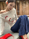 FashionKova-Sweater Bow Pullover Off Shoulder Y2k Korean Style Knit Woman Clothing 2000s Sweet Kawaii Harajuku Long Sleeves Autumn Winter