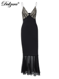 Fashionkova Satin Backless V-Neck Lace-Up Mesh Patchwork Midi Dress 2023 Summer For Women Sexy  Evening Party Elegant Clubwear