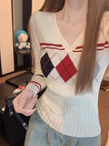 Fashionkova  Vintage V Neck Sweater Women Coquette Diamond Patterned Knitted Pullover Sweet Christmas Sueter Mujer Long Sleeve Tops ootd