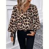 Fashionkova Women's Blouses Autumn Winter Simple Fitting Slim Leopard Long Sleeve V-Neck High Street Blouses Valentine's Day Aesthetic