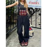 Fashionkova Womens Blue Vintage Suspender Jeans Fashion Pocket Baggy Straight Pants Streetwear Casual Wide Leg Denim Trouser Ladies Autumn