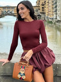 Fashionkova Valentine's Day Aesthetic Trendix Pleated Skirt 2 Piece Sets Women Burgundy Bodycon Long Sleeve Shirts Vintage Fashion High Waist Dress Suits 2024 Winter