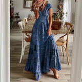 Fashionkova Valentine's Day Aesthetic Vintage Bohemian Print Pleated Skinny Waist Dresses Women Summer Wrap Sleeve Dress Female Comfortable Casual Large Hem Long Gown