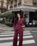 Fashionkova party look inspos Wine Red Women Suit Jacket Long Pants Set Fasion 2 Pieces Slim Chic Bevel Buckle Formal Wear Female New Party Commute Office