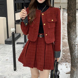 Fashionkova  party look inspos Autumn Winter New Red Tweed Two-piece Skirt Set Women Short Jacket Coat Pleated Mini Skirt Korean Fashion Chic Female Outfits