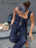 Fashionkova Street Denim Pants Set Women Sleeveless Single Breasted Slim Square Collar Tank High Waist Straight Jeans 2025 Summer Lady Suit
