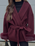 Fashionkova party look inspos Women Burgundy Patchwork Faux Fur Woolen Coat Elegant V-neck Lace Up Belt Jackets 2024 Autumn Winter Lady High Streetwear