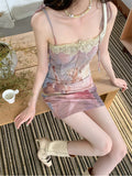 Fashionkova Summer French Vintage Mini Prom Gown Spaghetti Strap Dress Tie Dye Women Coquette Frocks Party Evening Hot Sexy One-Piece Y2k