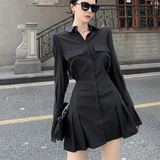 Fashionkova party look inspos Black Shirt Dress Women Elegant Vintage Long Sleeve Pleated Dress Sexy Gothic Y2k Turn Down Collar Casual Mini Vestidos