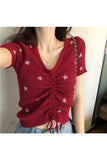 Fashionkova Embroidery Lace Up Summer Crop Top