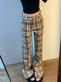 Fashionkova Women Korean Fashion Plaid Flare Long Trousers Bell Bottom Grunge Slim Pants Gyaru Y2k Japanese Streetwear 2000s Aesthetic Retro