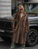 Fashionkova party look inspos Dark Brown Faux Fur Long Overcoat For Women Fashion Lapel Single Breasted Loose Fluffy Plush Warm Coat Winter Thicken Outerwear