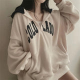 Fashionkova Vintage Solid Color Letter Print Half Zip Up Hoodie