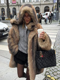 Fashionkova Party Outfit Luxury Faux Fur Coat With Hoodies Women Elegant Loose Long Sleeved Coats Female Autumn Winter Thickening High Street Outwear Top