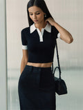 Fashionkova Tossy Summer Knitwear Sweater Pullover Top For Women Ribbed Lapel Short Sleeve Cropped Top Vest Patchwork Female Knit Pullovers Casual Outfit