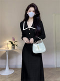 Fashionkova  party look inspos French Solid Autumn Winter Knitted Dress Elegant Women New Peter Pan Collar High Waist Long Dress Lady Office Sweater Vestidos