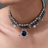 Fashionkova 2025 New Necklace Blue Beaded Pearl Cross Double-Deck Sun Pendant Unisex Punk Cool Couple Choker for Women Men Jewelry