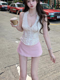Fashionkova Spring French Vintage Sweet 2 Piece Sets Women Y2k Sexy V-neck Design Mini Skirt Suits Female Lace Korea Style Chic Outfits 2025