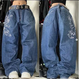 Fashionkova American Y2K New Fashion Pattern Embroidery Loose Jeans Men Street Casual Joker Mopping Oversized Wide-leg Pants Couple Jeans Casual Outfit
