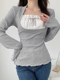 Fashionkova party look inspos y2k Lace Patchwork Fake Two Piece T-shirt Flare Long Sleeve Tops Spring Casual Kawaii Clothes Korean Shirt