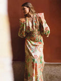 Fashionkova party look inspos Vintage Print Pleated Midi Dresses Women Chic V Neck Lantern Sleeve High Waist A Line Dress 2024 Summer New Beach Lady Vestido