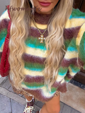 Fashionkova Party Outfit Loose Striped Mohair Sweater Jumper Women Long Sleeve O-neck Warm Pullover Top 2024 Autumn New Lady Colorful All-mach Knitwear