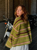 Fashionkova Green Stripe Knitted Cardigan Street Trend Contrasting Color Sweater Coat Jacket Retro Women's Loose Wool Knitwear Top Autumn ootd outfit idea