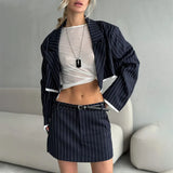 Fashionkova  Nye Outfit Lapel Striped Women Coat Set High Waist Zipper Lady Skirt Sets 2025 Fashion Elegant Spliced Full Sleeve Blazer Lady Outfits Suit