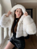 Fashionkova  party look inspos Fashion Hooded Faux Fur Coat Sweet Solid Long Sleeves Zipper Women's Winter Jacket Short Outerwears Femme Thick Warm Streetwears