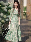 Fashionkova Women's Vintage Floral Print V-Neck Dress Female One-Piece Clothes French Lady A-Line Elegant Chic Maxi Dresses New 2023 Outfit Ideas
