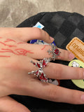 Fashionkova Goth Punk Retro Red Crystal Love Heart Cross Geometry Irregular Open Ring Set Y2K Halloween Accessories For Women Kpop Jewelry