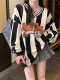 Fashionkova  Party Outfit  QWEEK Y2k Coquette Oversize American Retro Stripe Hoodies Women 2024 Fashion Korean Kpop Streetwear Letter Print Sweatshirtr