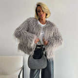 Fashionkova Party Outfit Elegant Furry Faux Fur Short Coats Women Luxury Solid O-neck Long Sleeved Jackets Lady Autumn Winter Thickened Warm Outwears Top