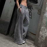 Fashionkova party look inspos Black White Striped Print Women Casual Pants Fashion Low Waist Cargo Pants All-matched Straight Trousers Spring Outfits