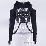 Fashionkova Black Gothic Crop Top Women Hoodies Punk Sweatshirt Off Shoulder Lace Up Hooded Pullover Cat Ear Short Style Female Jacket Coat ootd