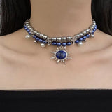 Fashionkova 2025 New Necklace Blue Beaded Pearl Cross Double-Deck Sun Pendant Unisex Punk Cool Couple Choker for Women Men Jewelry
