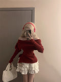 Fashionkova  party look inspos Winter Kawaii Sweet 2 Piece Set Woman Off Shoulder Bow Knitted Tops + Mini Cake Skirt Female Korean Fashion Casual Suit 2024 New