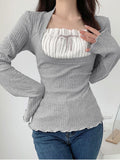 Fashionkova party look inspos y2k Lace Patchwork Fake Two Piece T-shirt Flare Long Sleeve Tops Spring Casual Kawaii Clothes Korean Shirt