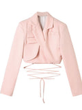 Fashionkova Valentine's Day Aesthetic Articat Gray Double Layer Bandage Slim Blazer Women Long Sleeve Pocket Short Jacket Female Notched Collar Outwear Tops 2021 New